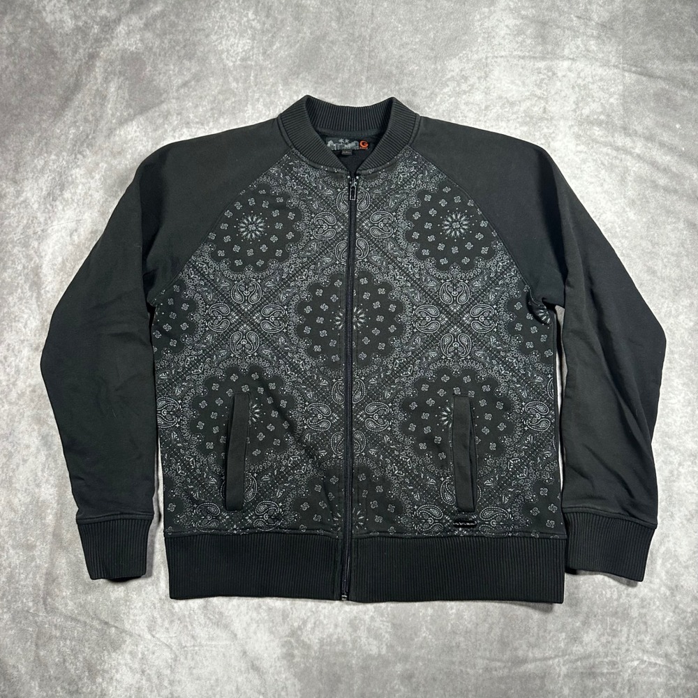 G by Guess Mens Bandana Paisley Print Bomber Jacket Black Gray Full Zip Large